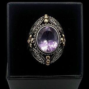 Samuel Benham Sterling Silver Solid 18k Yellow Gold Amethyst Two Tone Ring 5